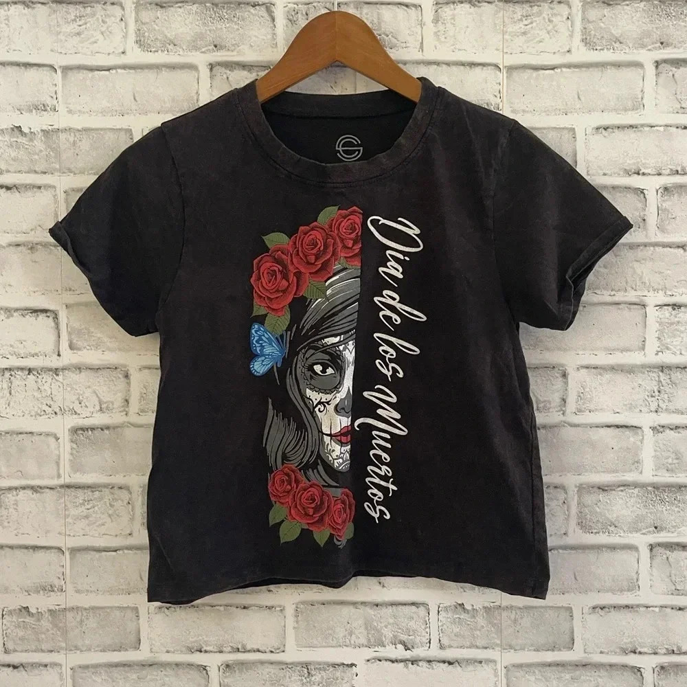 Women’s Día de los muertos (Day of the Dead) black crop top Medium